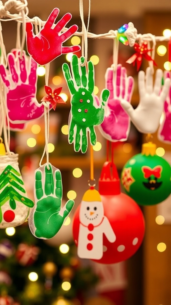 Handprint Christmas decorations including trees and snowmen displayed with festive lights.